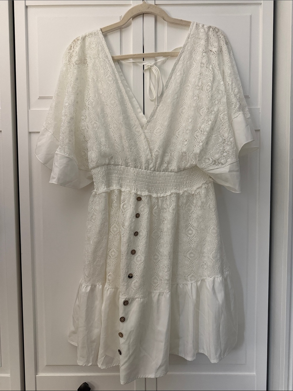 SHEIN Ivory Lace V-Neck Midi Dress with Button Front